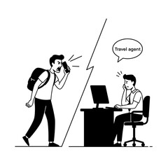 Frustrated traveler seeks help from travel agent in foreign country