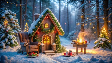 Fototapeta premium A cozy cottage nestled amidst snow-covered trees, illuminated by twinkling lights, inviting you to relax in a warm armchair by the fire.
