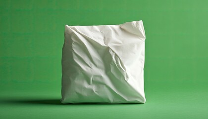 Wrinkled white paper bag on green background