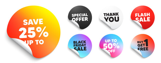 Discount sticker tag. Special offer paper price tags. Save up to 25 percent tag. Discount Sale offer price sign. Special offer symbol. Discount, black friday sticker. Promo banner. Vector
