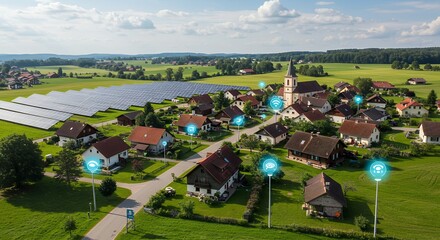 Rural village with solar panels and smart infrastructure