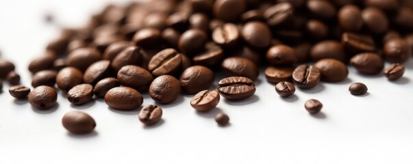 Naklejka premium Close-up of dark roasted coffee beans on white , macro, white, natural