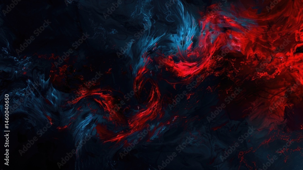 Poster swirling picture of red ray and blue light sparkling particles scattered across a space background, 