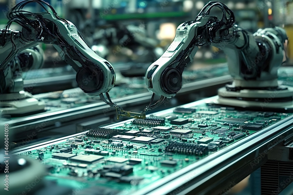 Poster robotic arms assembling circuit board in modern factory