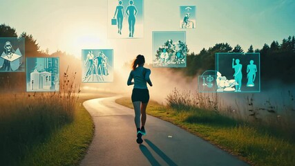 A woman jogs through a scenic sunrise path surrounded by digital health icons, symbolizing technology and personal wellness tracking in a nature setting. - Powered by Adobe