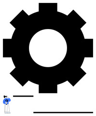 Oversized gear centered as main focus with small woman holding question mark, symbolizing analysis. Ideal for teamwork, engineering, problem-solving, process improvement, innovation, technical
