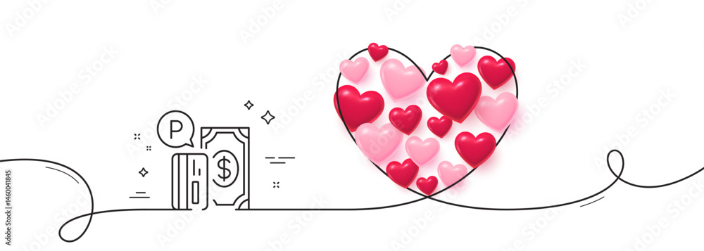 Poster parking payment line icon. continuous line big heart. paid car park sign. transport place symbol. 3d