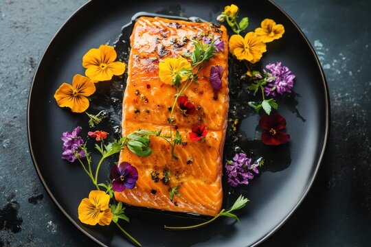 Beautifully plated gourmet salmon fillet garnished with edible flowers and fresh herbs on black plate

