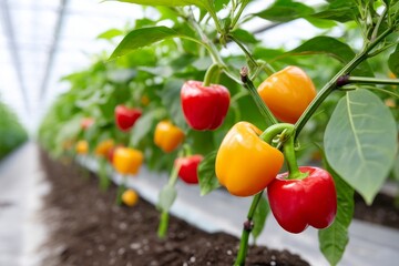 Greenhouse Grown Bell Peppers - Ripe red and yellow bell peppers growing on the vine in a greenhouse. Vibrant colors and healthy plants