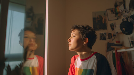 Obraz premium A young person wearing a rainbow shirt gazes into a mirror, with a soft expression and room decor reflecting LGBTQ identity and pride.