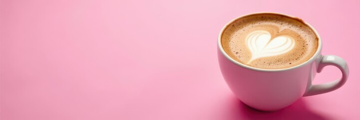 Obraz premium Pink background, coffee cup, lovely heart foam design, coffee, cafe
