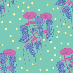 Jellyfish and Lotus Vector Seamless Pattern Retro Aquatic Design for Swimwear, Stationery, and More