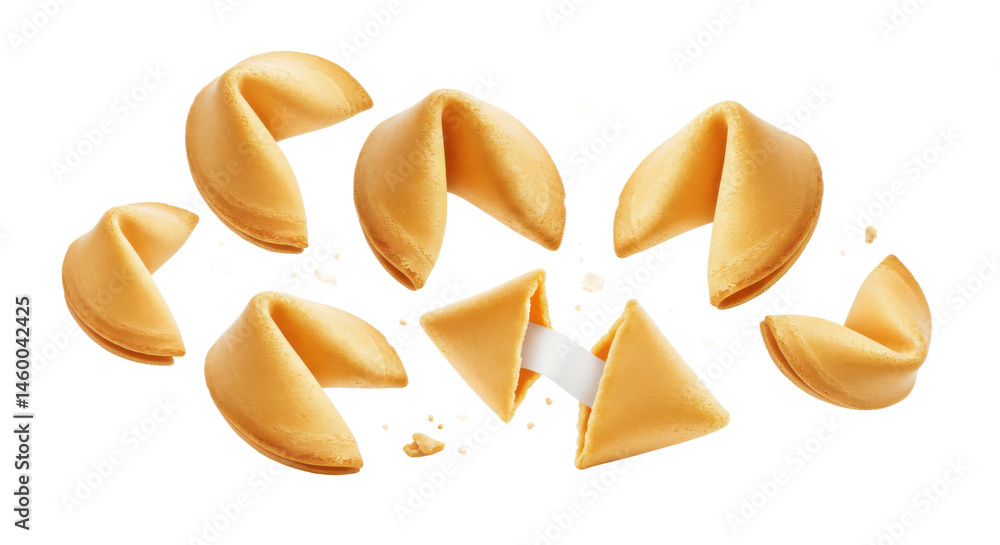 Poster a collection of fortune cookies displayed on a light surface with some cookies broken open slightly