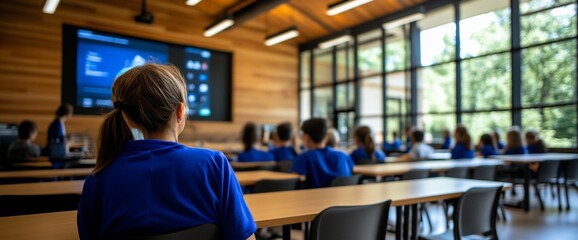 Attentive students focus on screen in a modern classroom setting