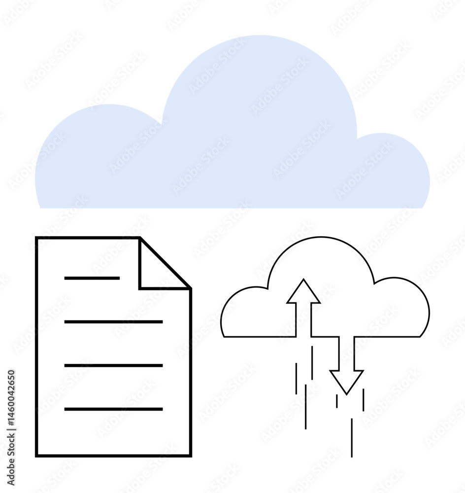 Poster cloud above file icon with upload and download arrows showing data synchronization. ideal for techno