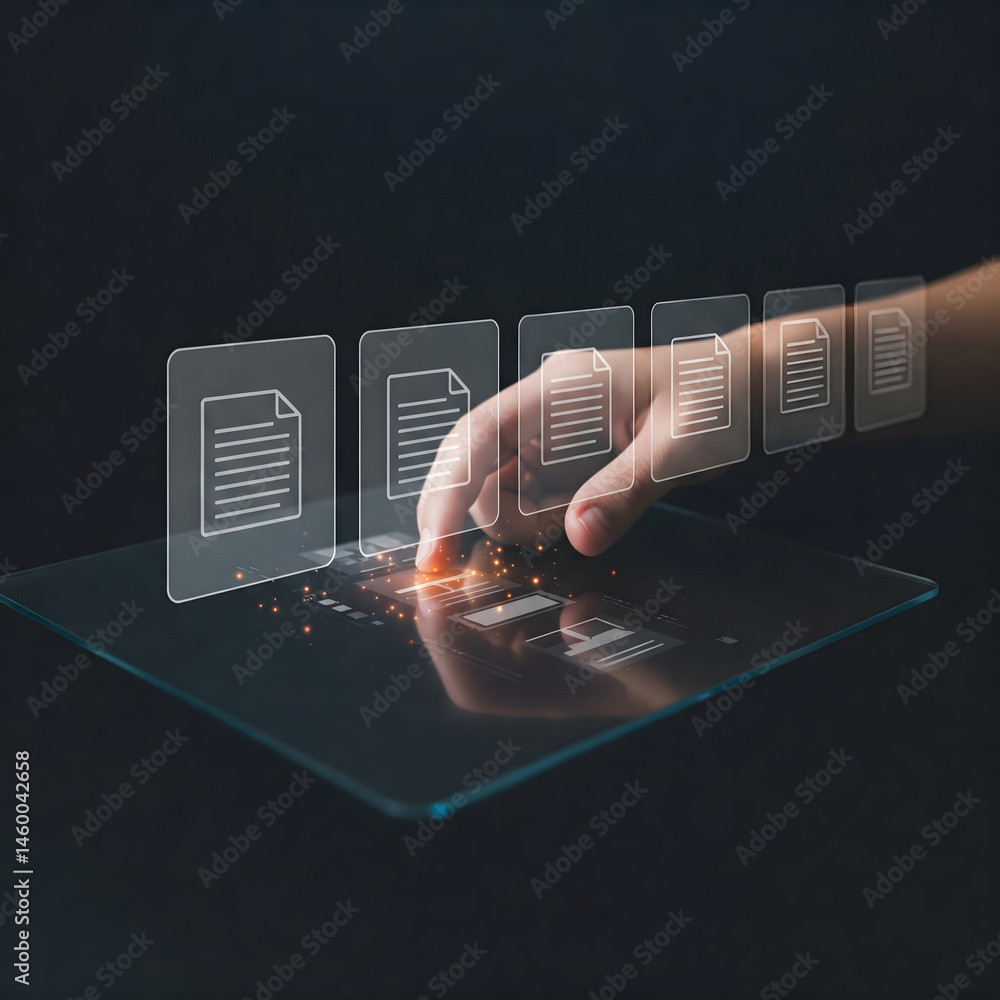 Poster a hand interacts with a row of glowing digital document icons, representing digital file management 