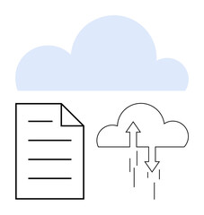 Cloud above file icon with upload and download arrows showing data synchronization. Ideal for technology, storage, network, data transfer, security, IT solutions, communication. Flat simple metaphor