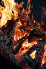 Flame wood in bonfire. Camp barbecue wood charcoal burns in the grill. Blaze fire flame texture...