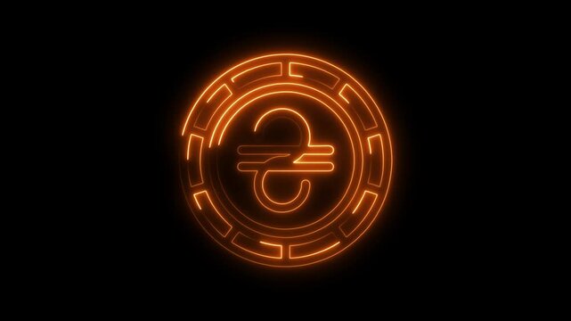 Glowing hryvnia symbol in circular design animation on black background currency of ukraine