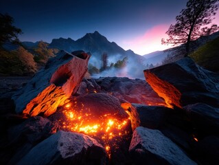 Glowing orange lava flow between dark volcanic rocks with mountain range under twilight sky