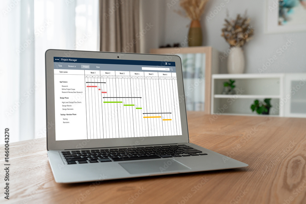 Poster project planning software for modish business project management on the computer screen showing time