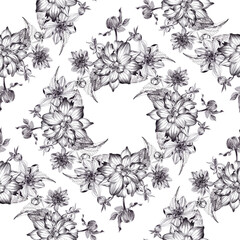 Seamless pattern. Bouquet of flowers. Dahlia flowers - flower arrangement. Floral composition on a watercolor background. Abstract wallpaper with floral motifs. Use for printed products, signs, poster