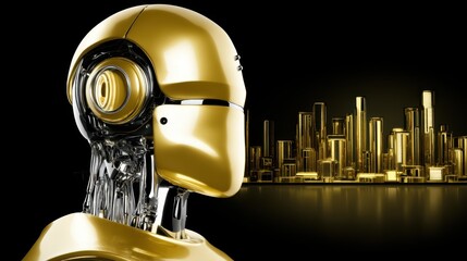 Gold-colored robot head with chrome mechanisms in profile view, with stylized gold cityscape background