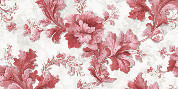 Intricate pink floral pattern on marble background, showcasing elegance and sophistication, ideal for luxurious design projects or home decor