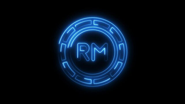 Blue neon rm initial monogram logo animation on black background,technology concept