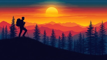 Obraz premium Silhouette of Hiker Against Vibrant Sunset and Mountain Landscape in Forest