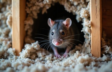 Fototapeta na wymiar Close-up of rat in home insulation. Rodent peeks out, highlighting pest control need. Attic, wall damage signals infestation. Prevention, removal crucial for hygiene, safety.
