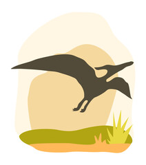 A large pterodactyl is flying over a grassy field. Flat colorful vector illustration