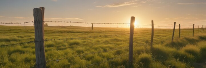Fototapeta premium Barbed wire fence bisects a sun-drenched grassy field , farm, sun