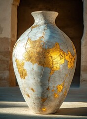 Ornate ceramic vase with gold leaf accents
