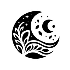 Celestial Crescent Moon & Flora Vector Illustration - Black & White