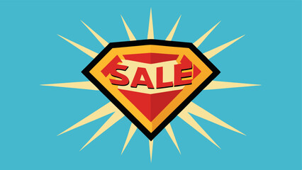 Superhero Emblem The word SALE crafted as a superhero emblem with a shield design and comicstyle rays of light bursting from behind suggesting super savings.