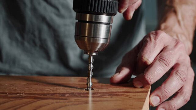 Skilled carpenter carefully drilling precise hole in wooden plank using professional cordless power drill while working in workshop