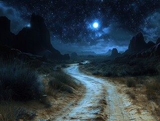 Desert road under a starry night sky, winding path through rocky landscape