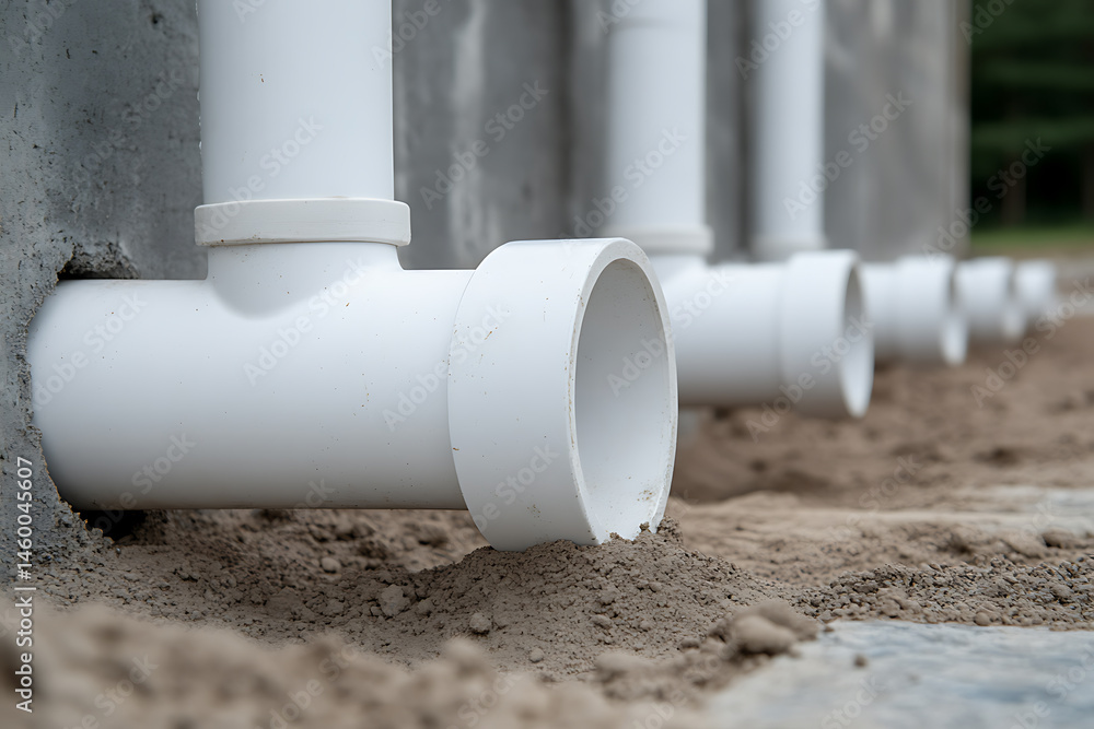Poster row of white pipes extending from a concrete structure, running parallel above a sandy ground. the p