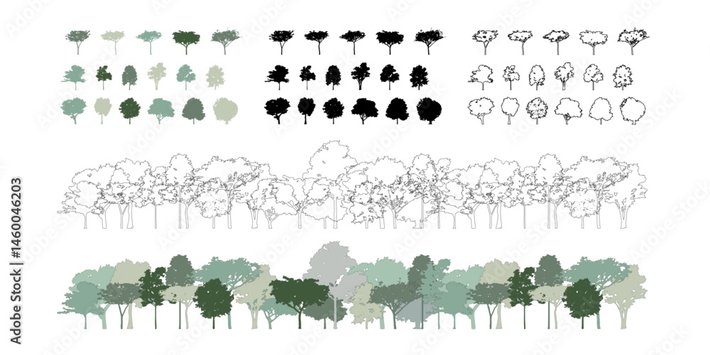 Poster architectural drawings, minimal style cad tree line drawing, side view, set of section wetland fores