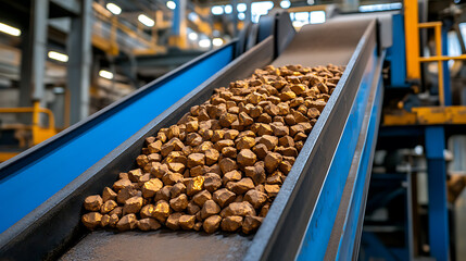 Raw Material on Conveyor Belt - Processed rocks being transported by machinery in an industrial setting, demonstrating material handling in manufacturing.