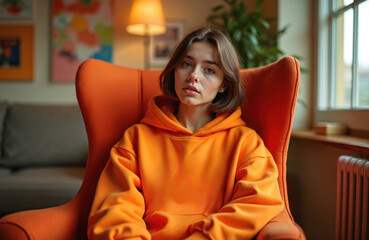 Fototapeta premium Young woman wearing orange hoodie sits in cozy orange armchair. Fashion portrait of attractive female in modern indoor studio. Trendy stylish outfit. Casual wear. Lifestyle.