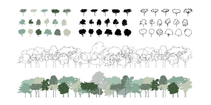 Architectural Drawings, Minimal style cad tree line drawing, Side view, set of section wetland forest outline for landscape design drawing. Vector illustration in seperate element