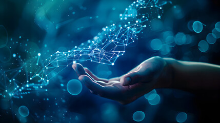 A hand holding a glowing network of connected dots in a blue abstract background