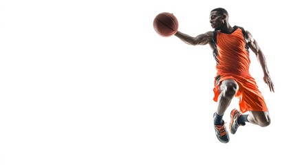 A basketball player in an orange uniform jumps with the ball against a white background in a studio