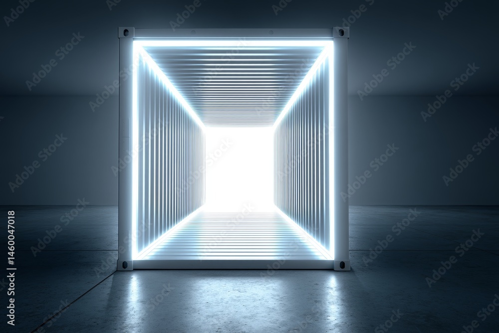 Poster luminous passageway in a box - bright white neon lights illuminate a pathway inside a white box, cre