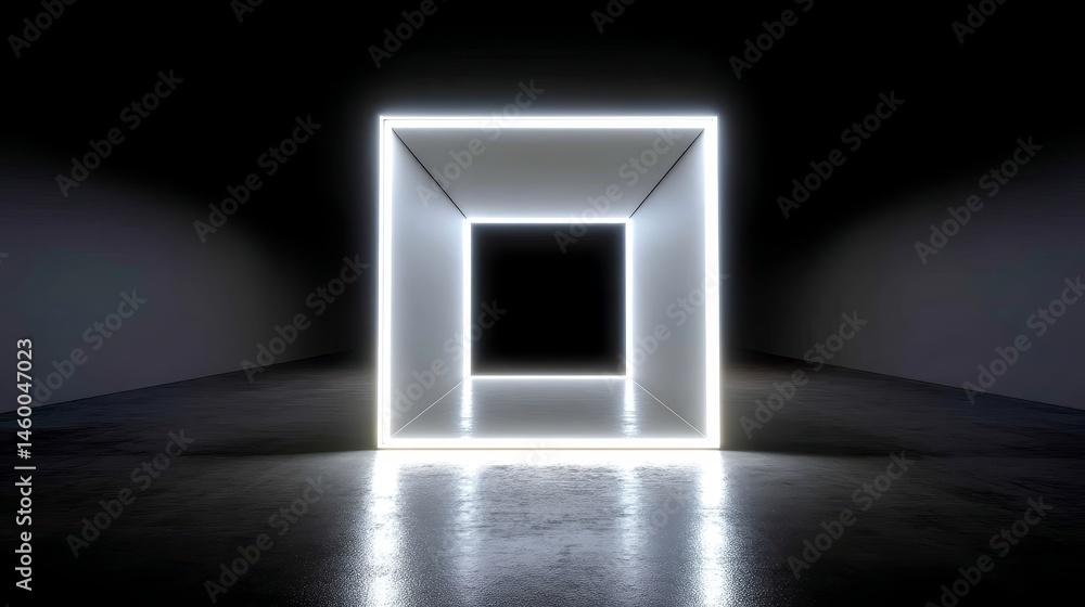 Poster luminous void cube - a glowing cube in a dark space symbolizes mystery, potential, technology, trans
