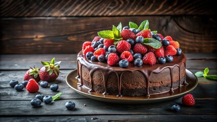 A decadent chocolate cake, generously topped with fresh blueberries and raspberries, creating a delightful symphony of flavors and textures.