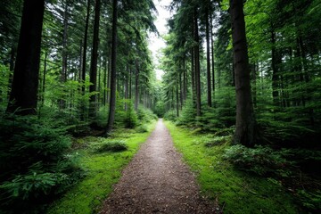 Fototapeta premium Lush Green Forest Path - Serene forest trail, inviting exploration, tranquility, nature's beauty, peaceful journey. Symbolizing peace, adventure, renewal, growth, and escape