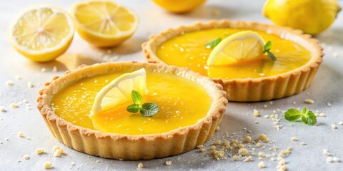 Lemon Tartlets with a Delicate Lemon Slice Garnish and Fresh Mint Leaves on a Light Gray Surface